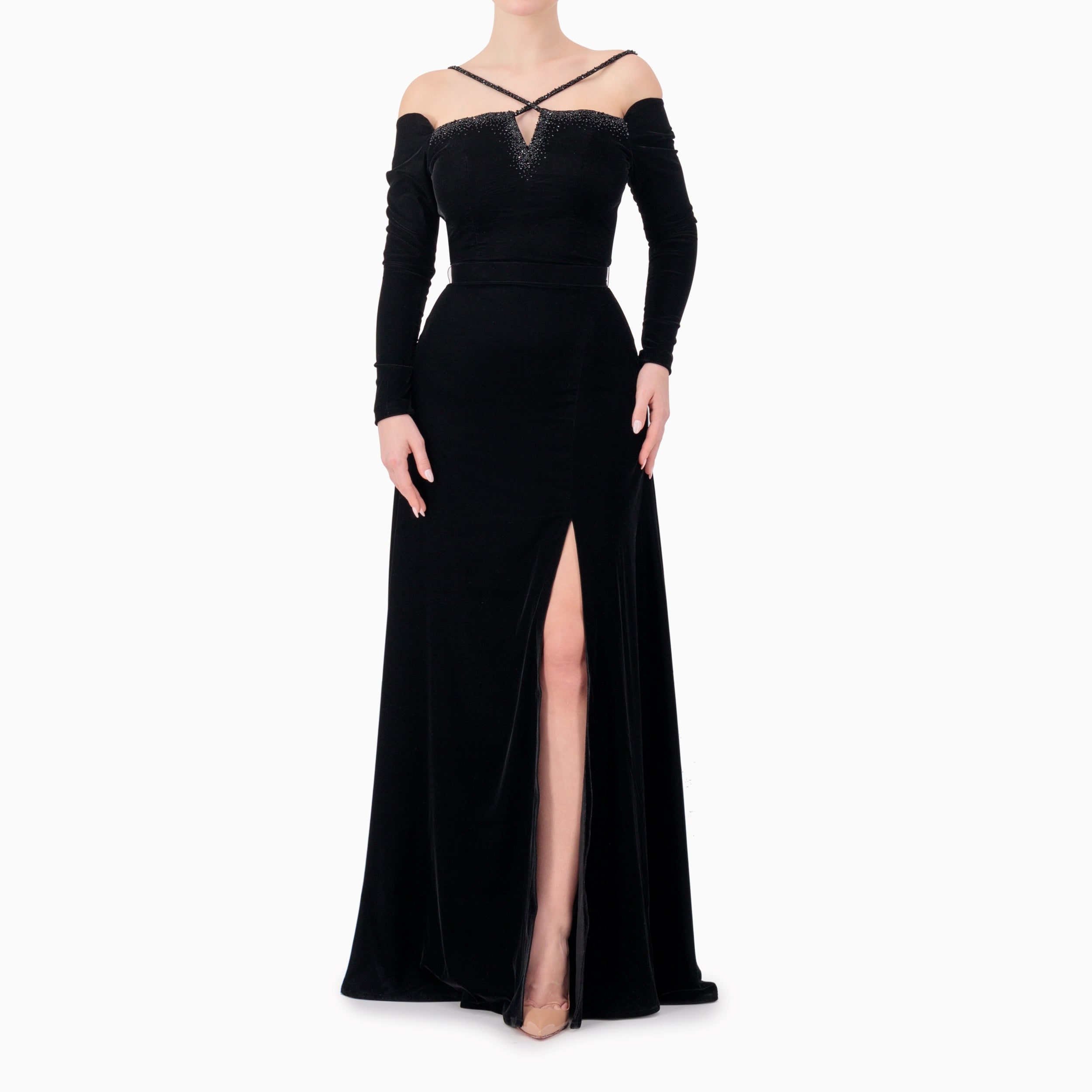Figure-pleasing Embellished Strap Off-Shoulder Gown