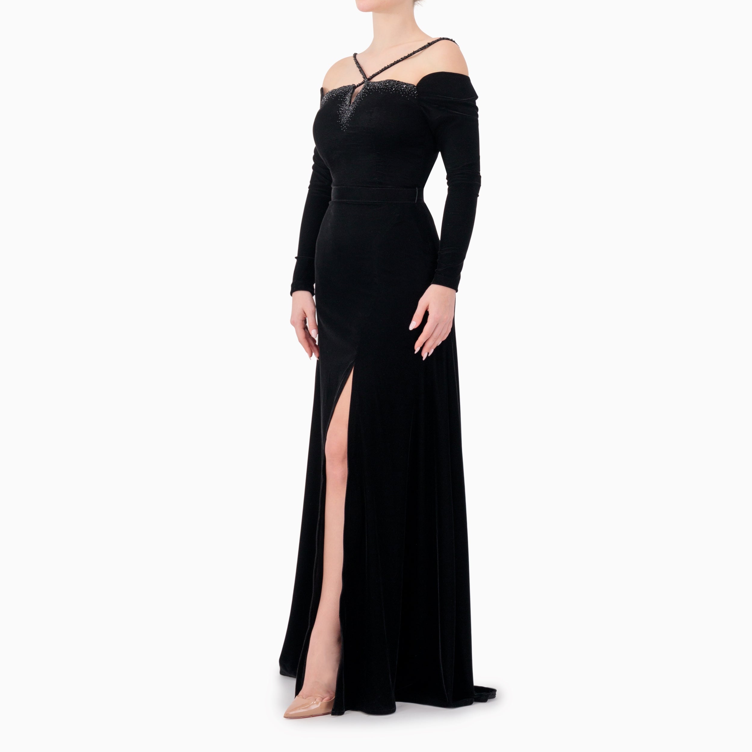 Figure-pleasing Embellished Strap Off-Shoulder Gown
