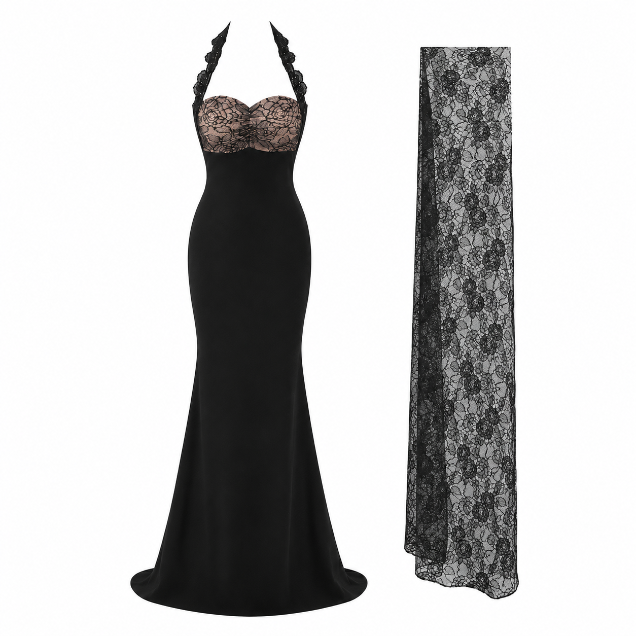 The Black Lace Halter Gown