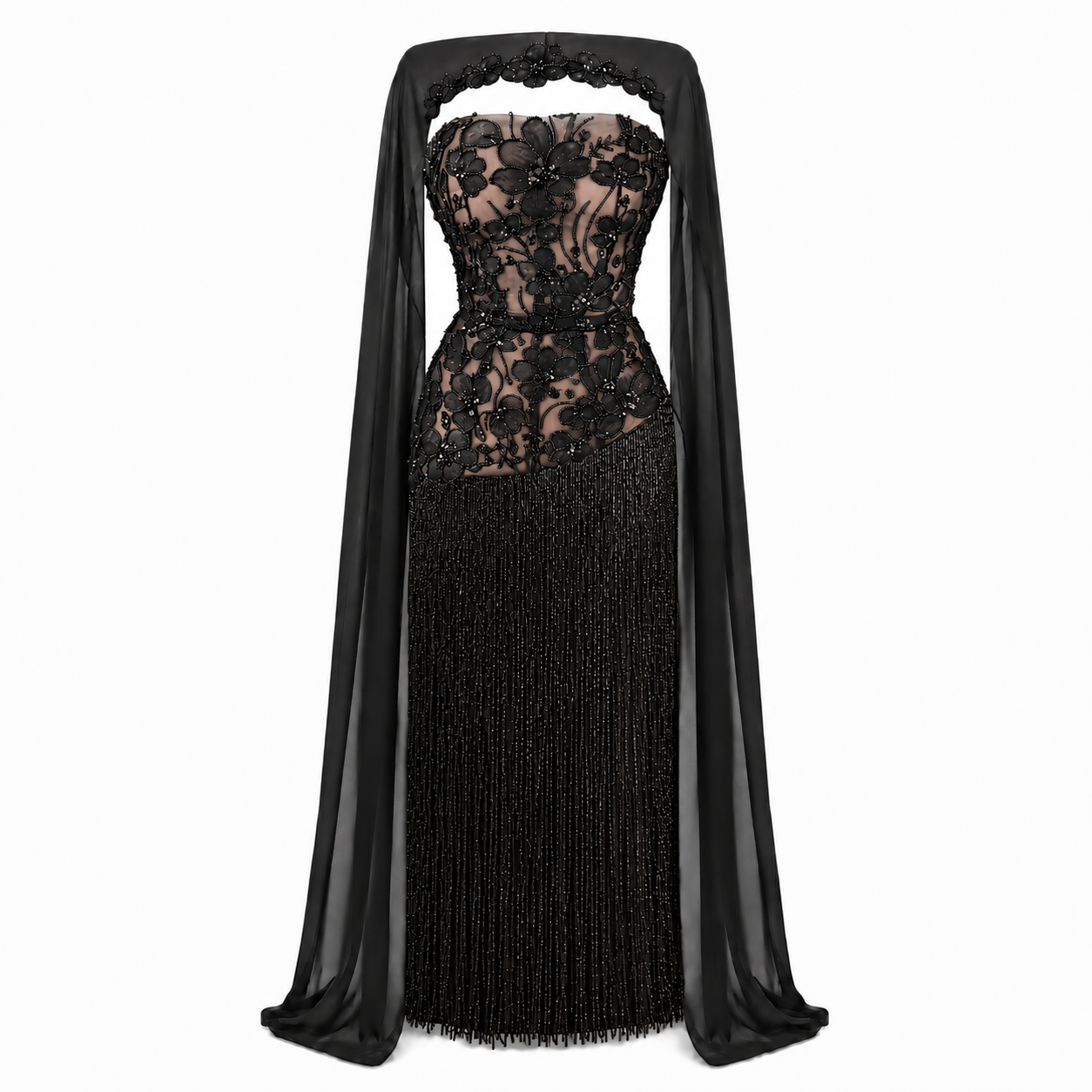 Floral Tassel Cape Couture Gown