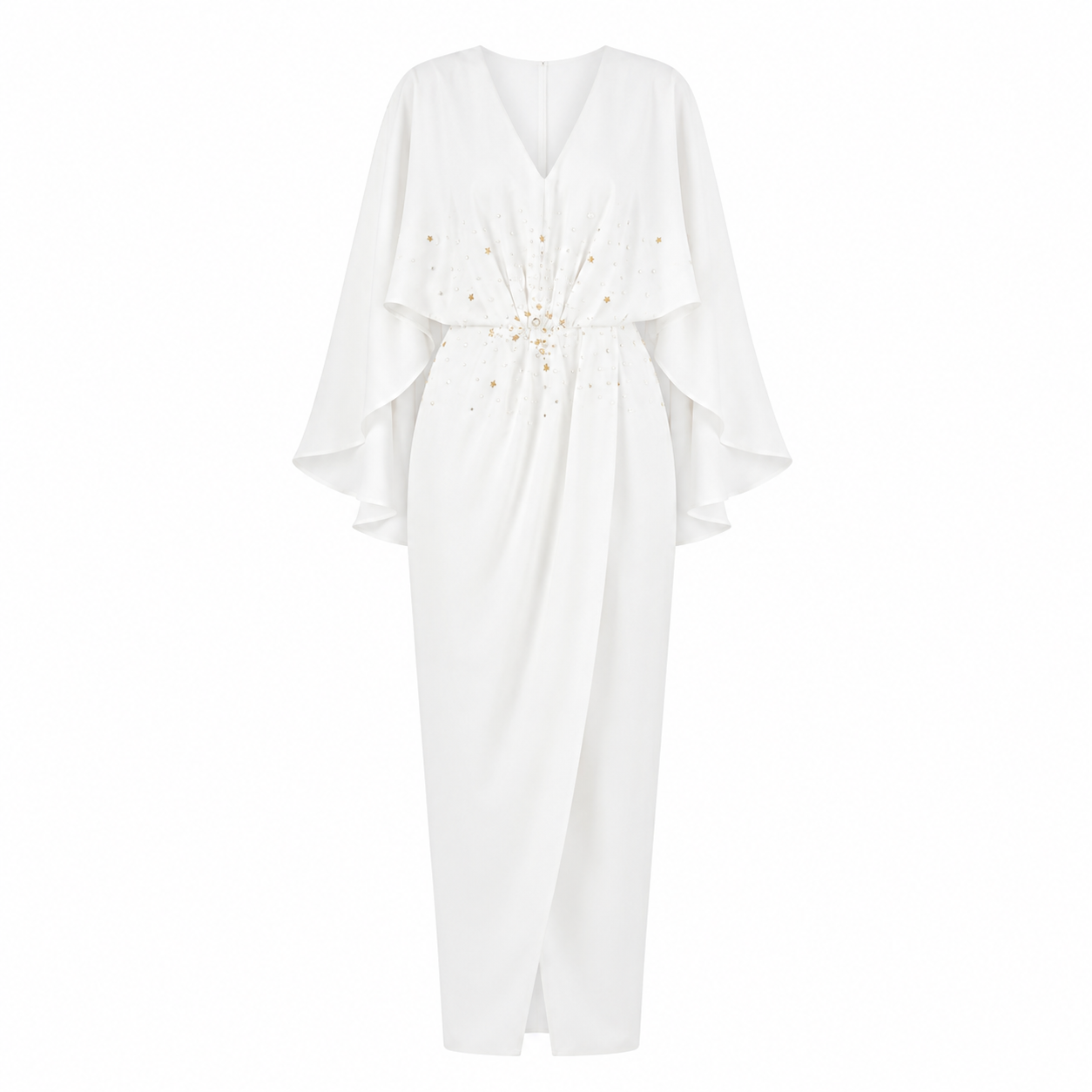 Beaded Cape-sleeved Wrap Dress