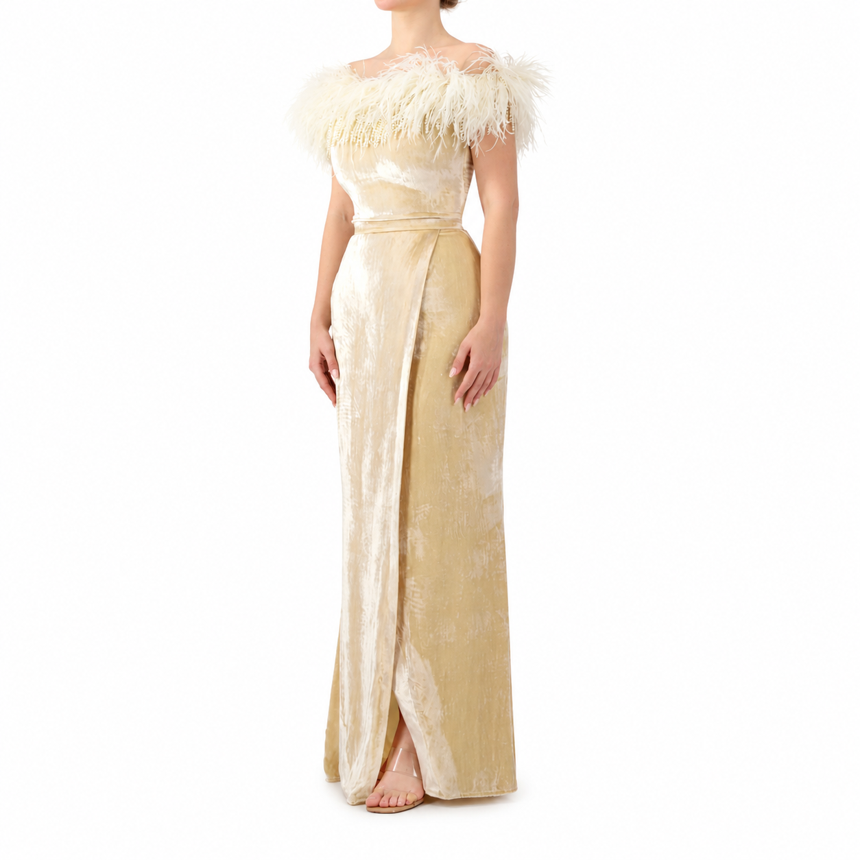Velvet Feather trimmed off-shoulder dress