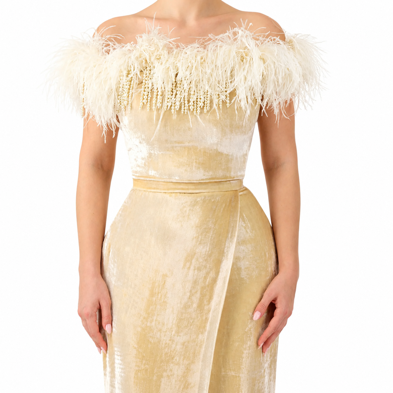 Velvet Feather trimmed off-shoulder dress
