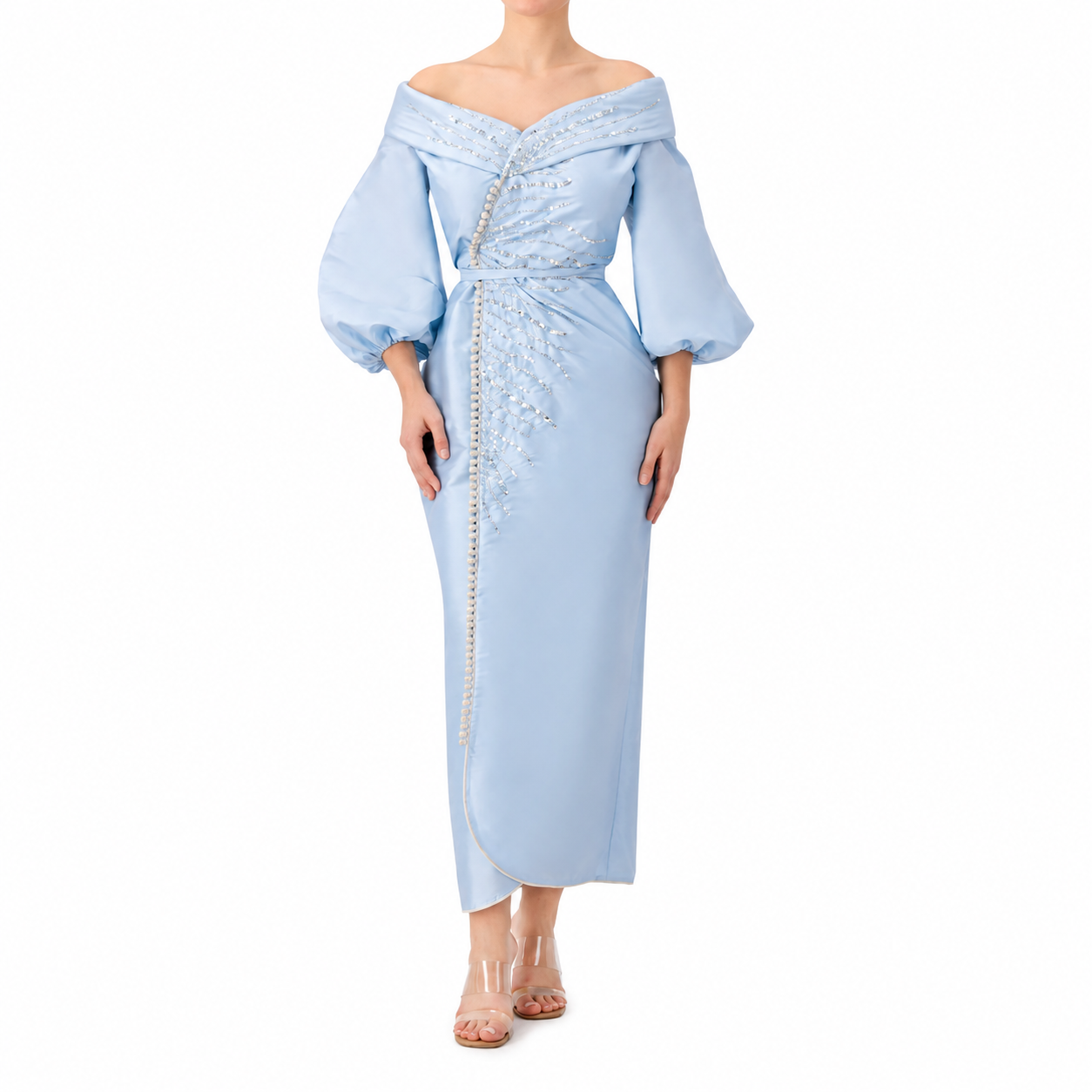 Beaded Off-shoulder Straight Wrap Dress