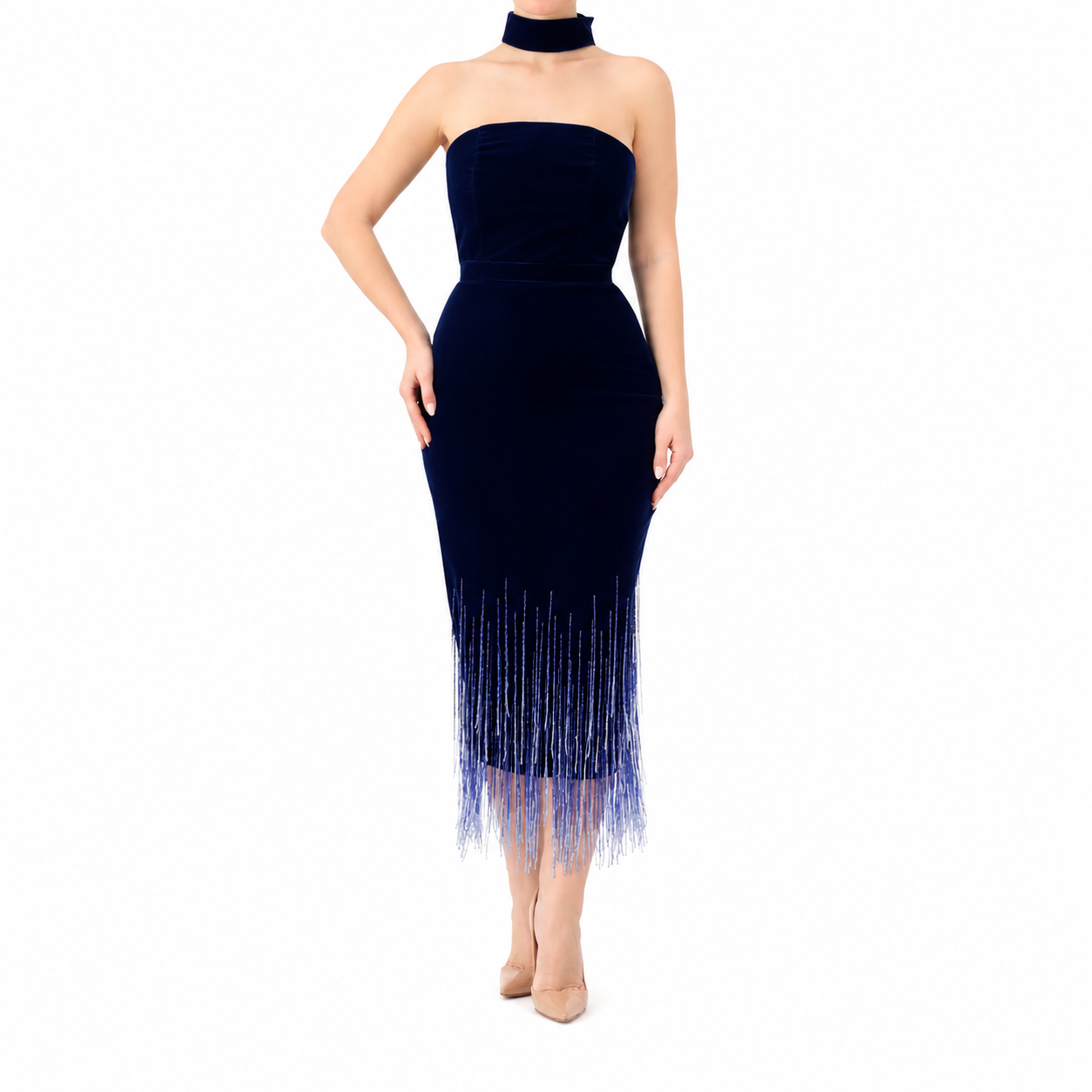 Strapless Ombre Midi Tassels Dress
