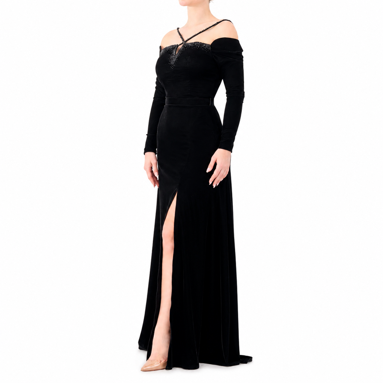 Figure-pleasing Embellished Strap Off-Shoulder Gown