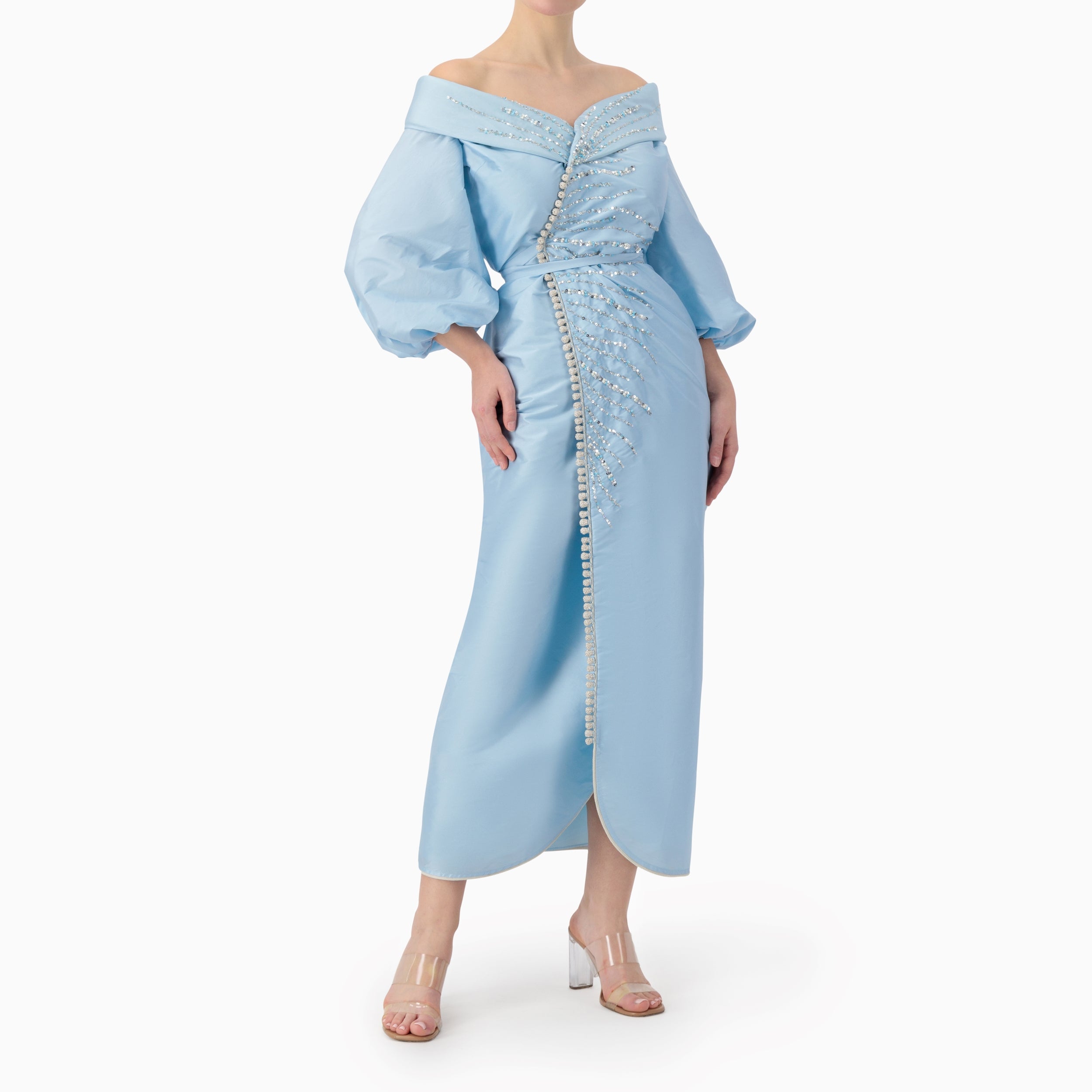 Beaded Off-shoulder Wrap Dress