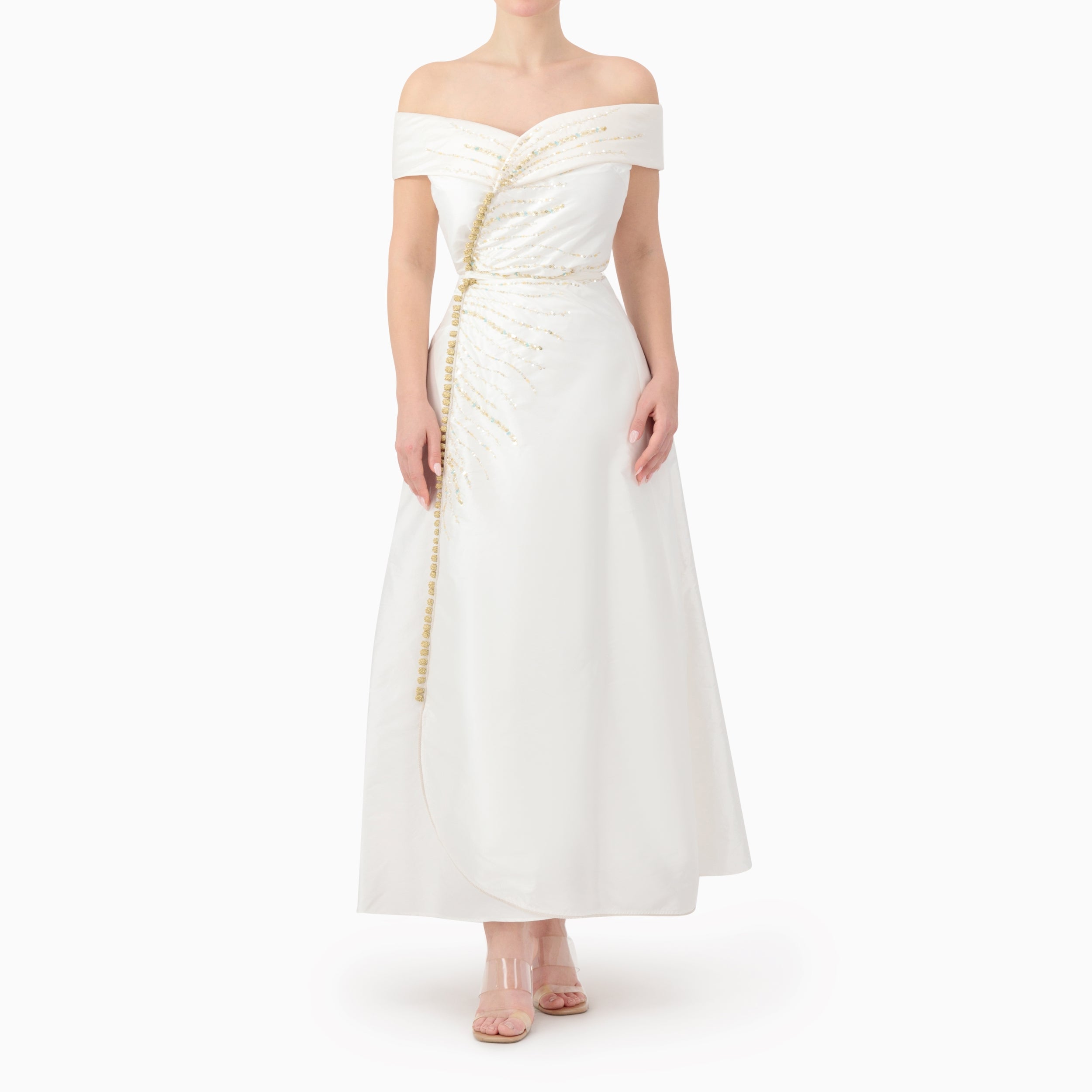 Beaded Off-shoulder Wrap Dress