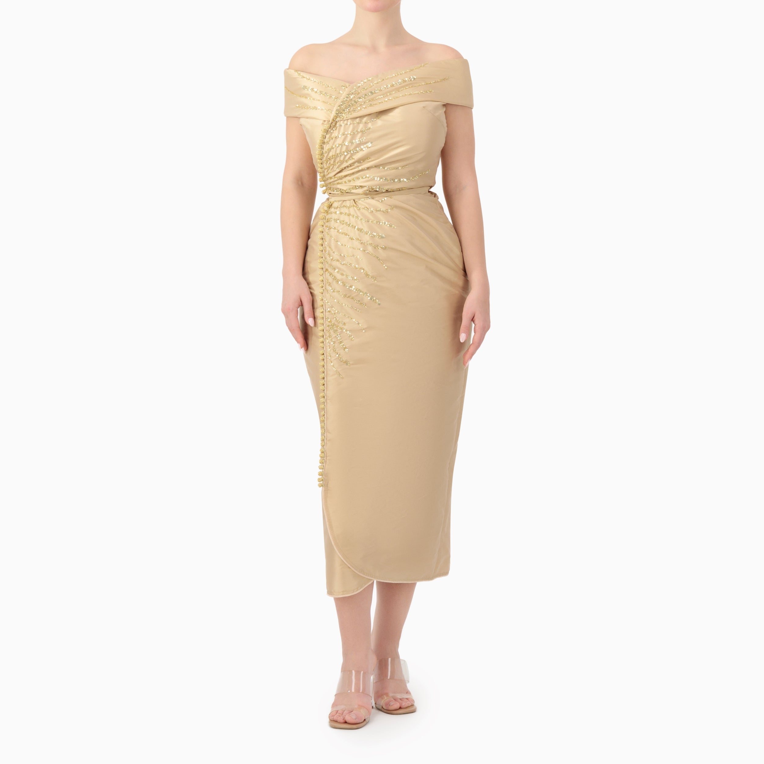 Beaded Off-shoulder Wrap Dress