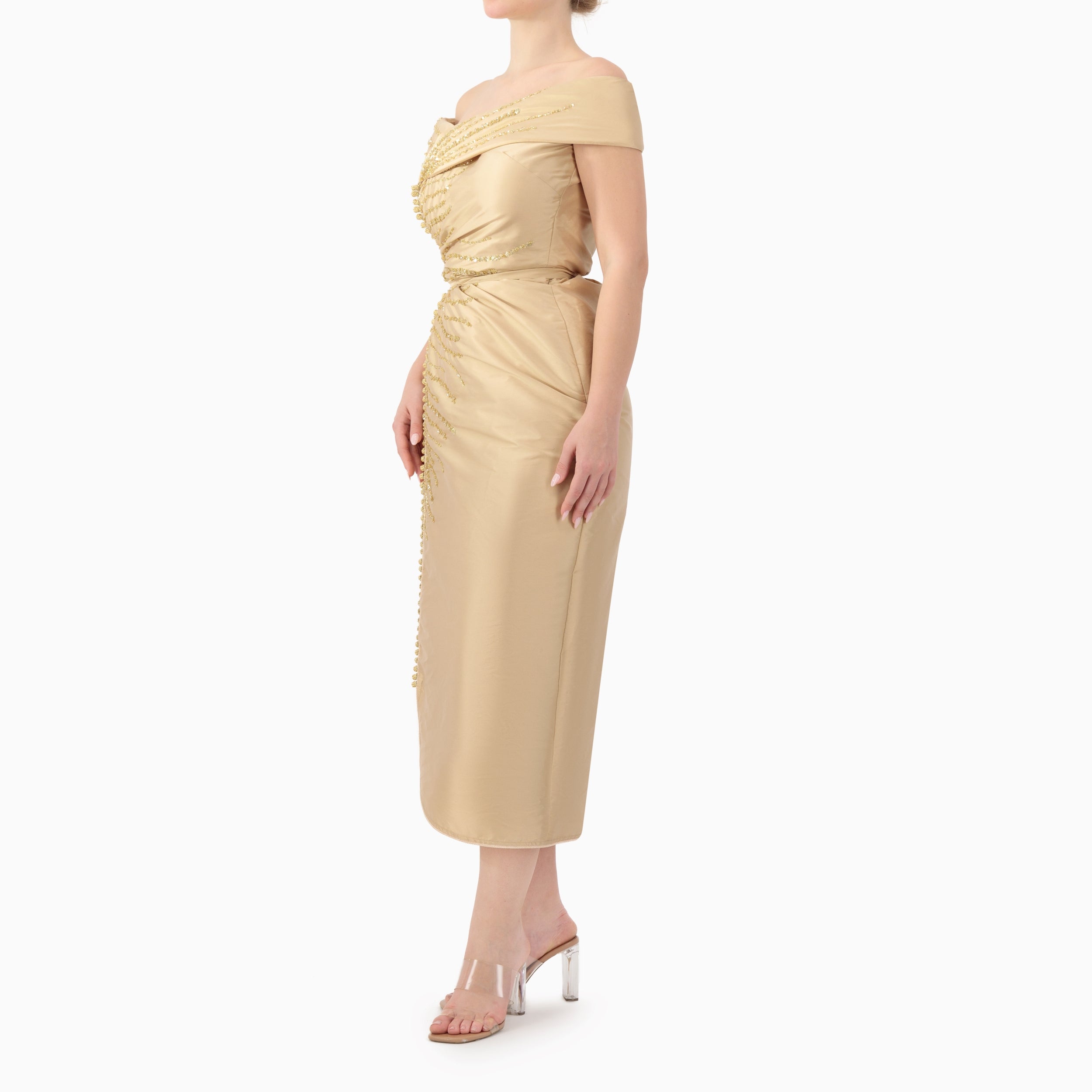 Beaded Off-shoulder Wrap Dress