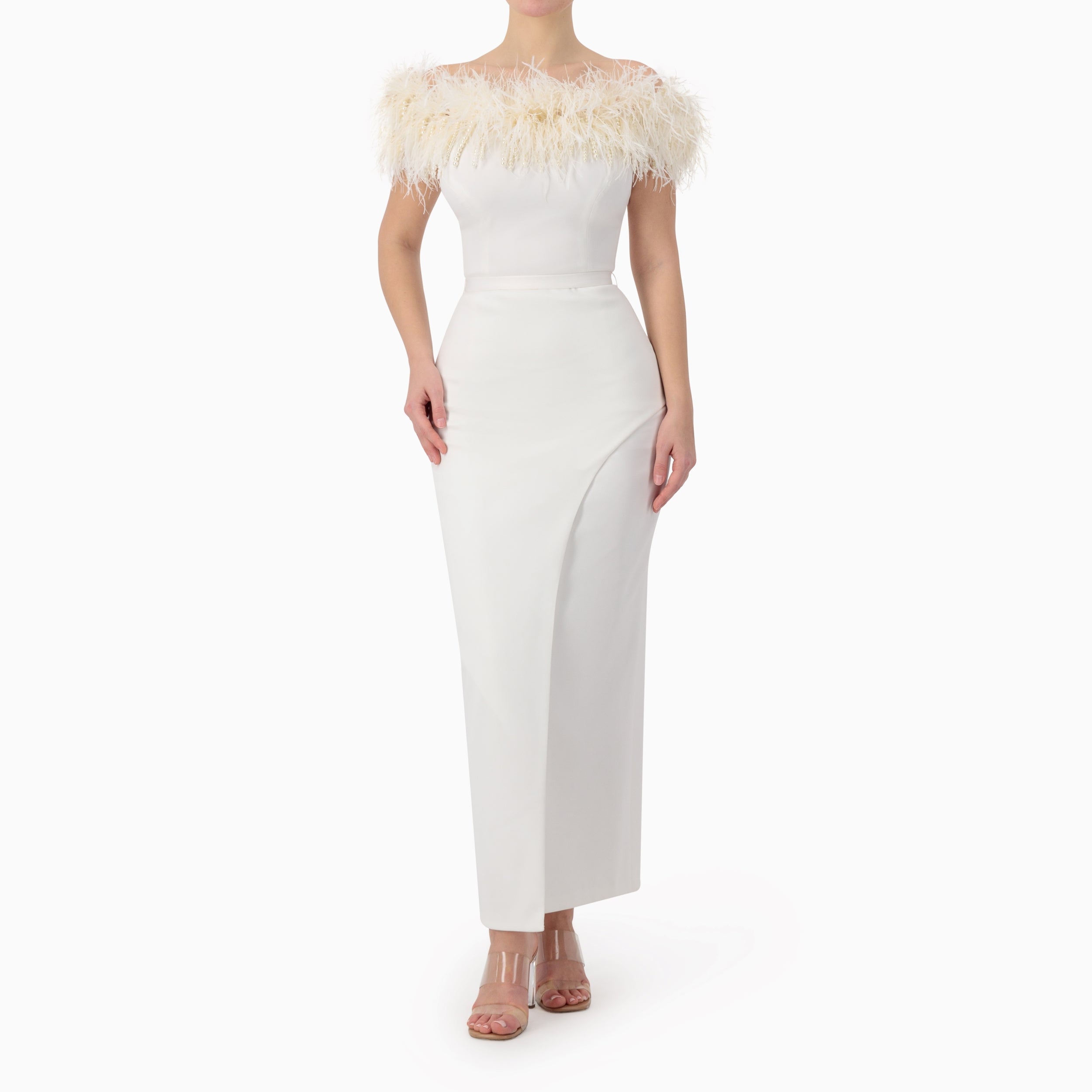Feather Trimmed Off-Shoulder Dress