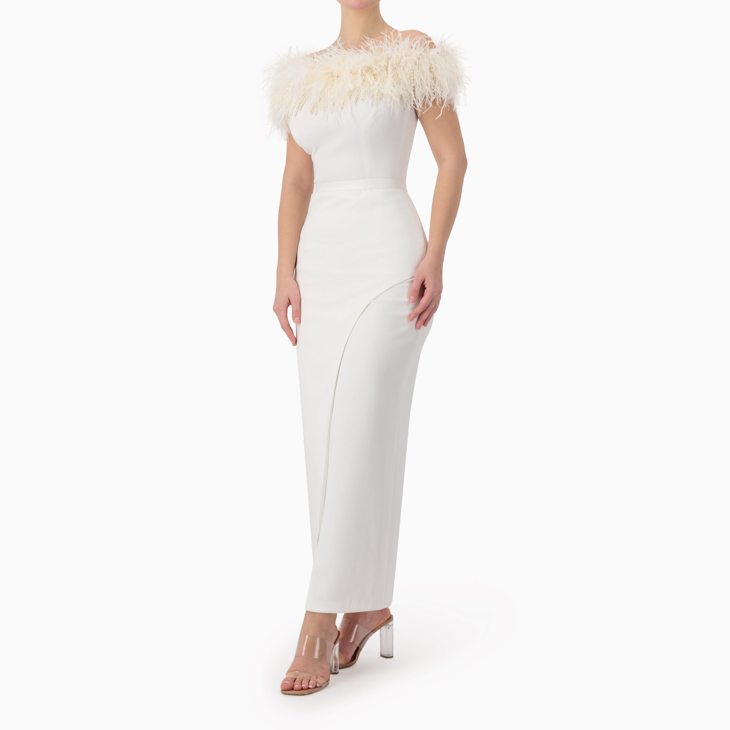 Feather Trimmed Off-Shoulder Dress