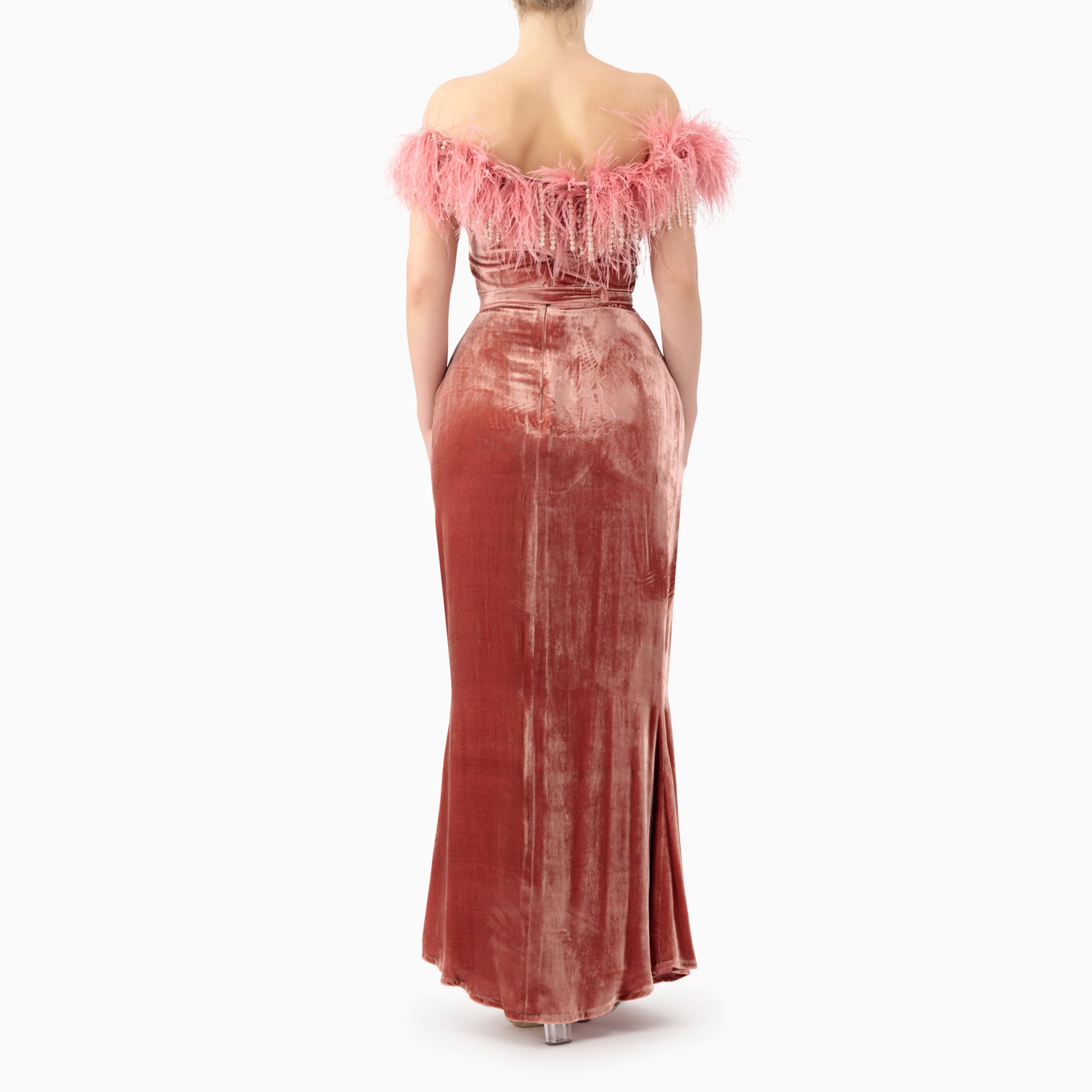 Velvet Feather Trimmed Off-shoulder Dress