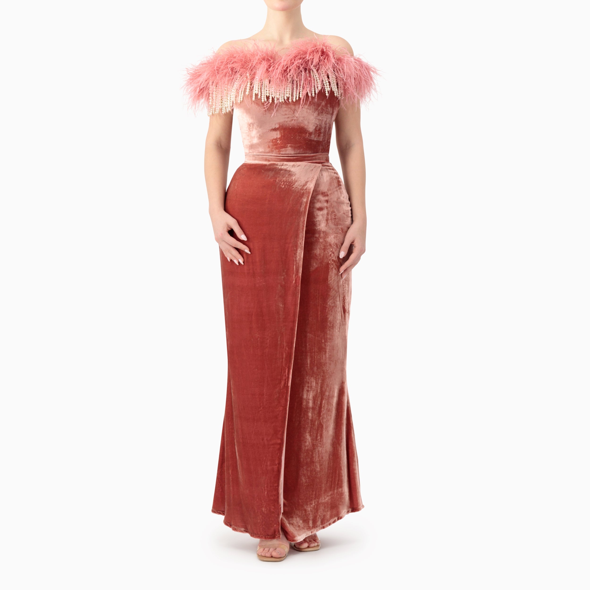 Velvet Feather Trimmed Off-shoulder Dress