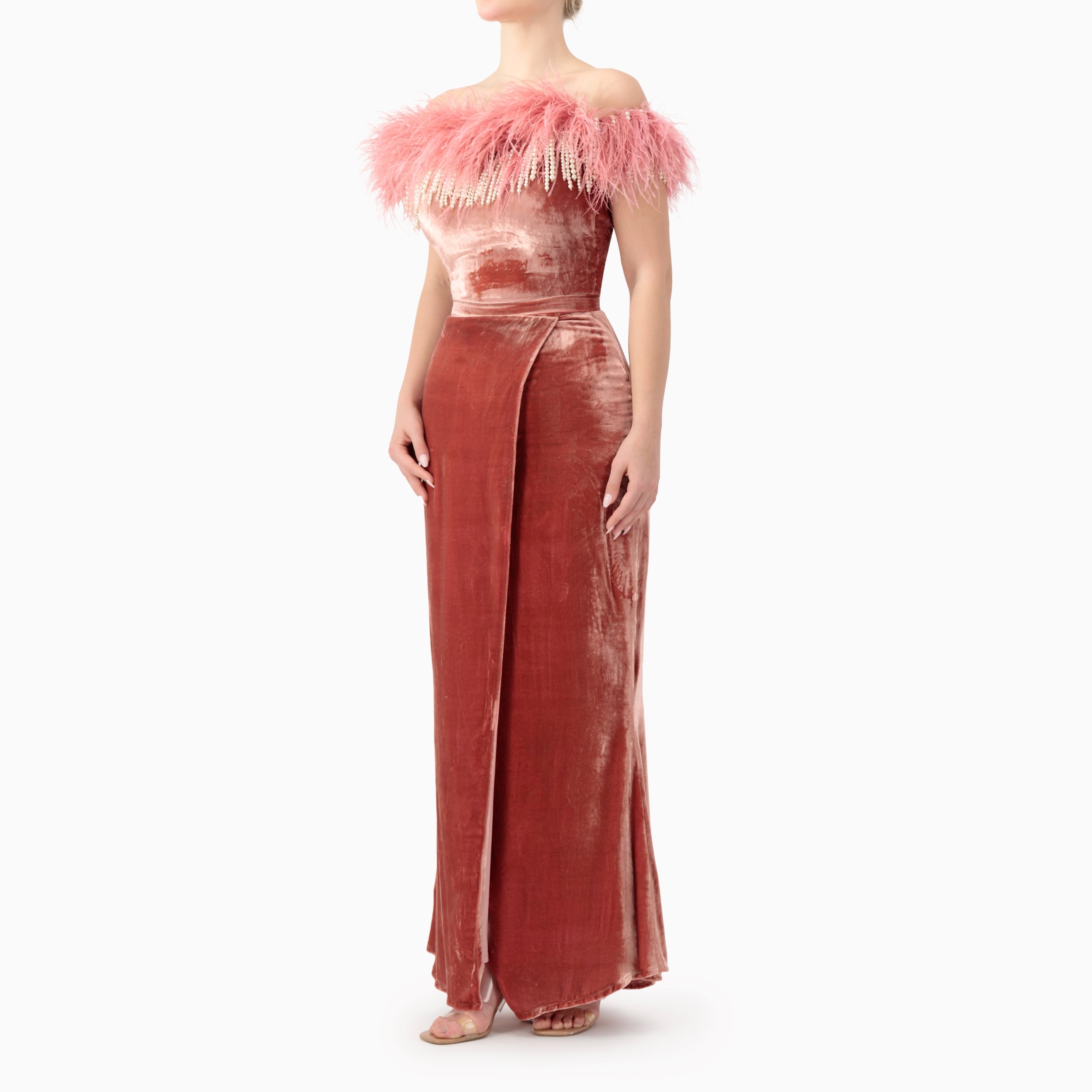 Velvet Feather Trimmed Off-shoulder Dress