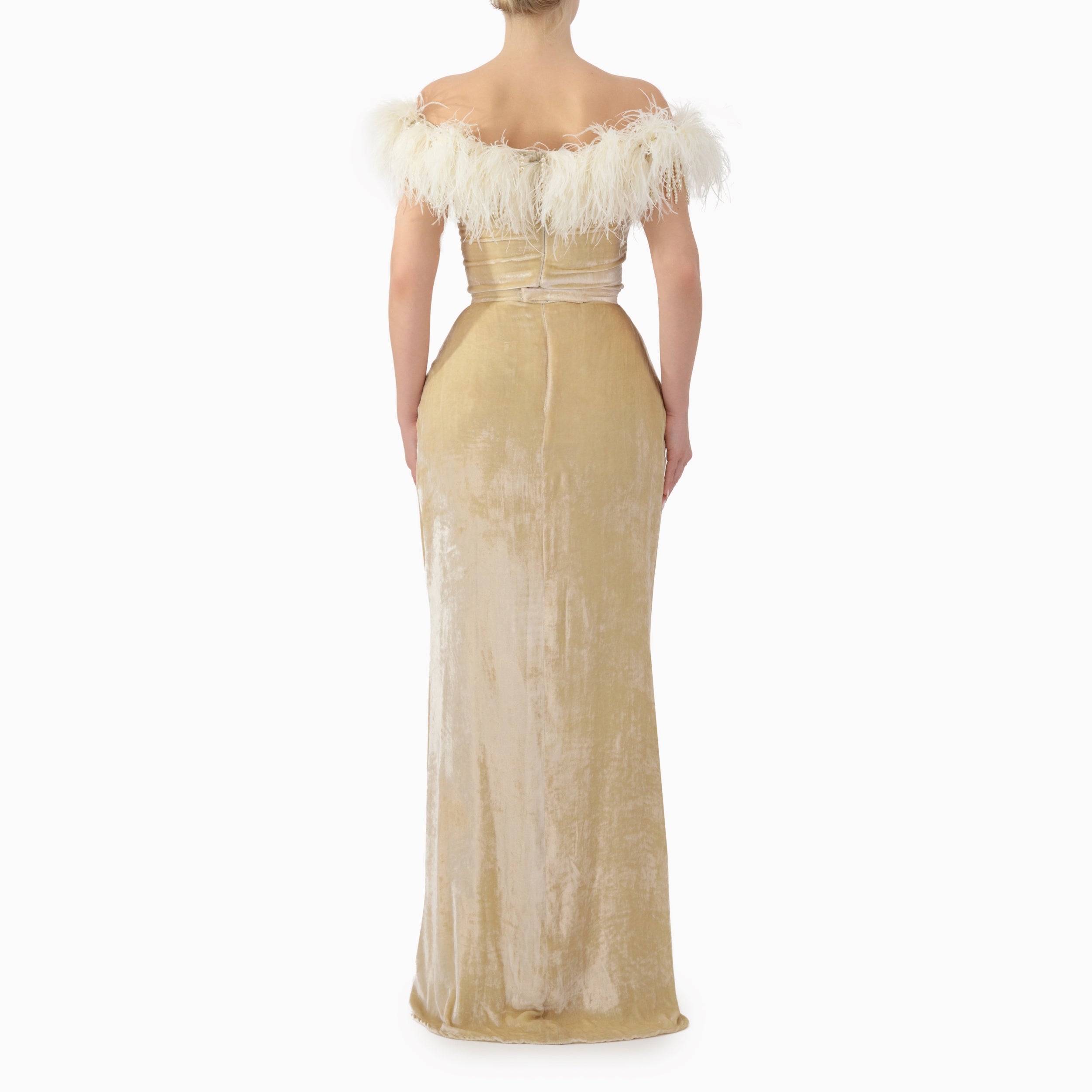 Velvet Feather trimmed off-shoulder dress
