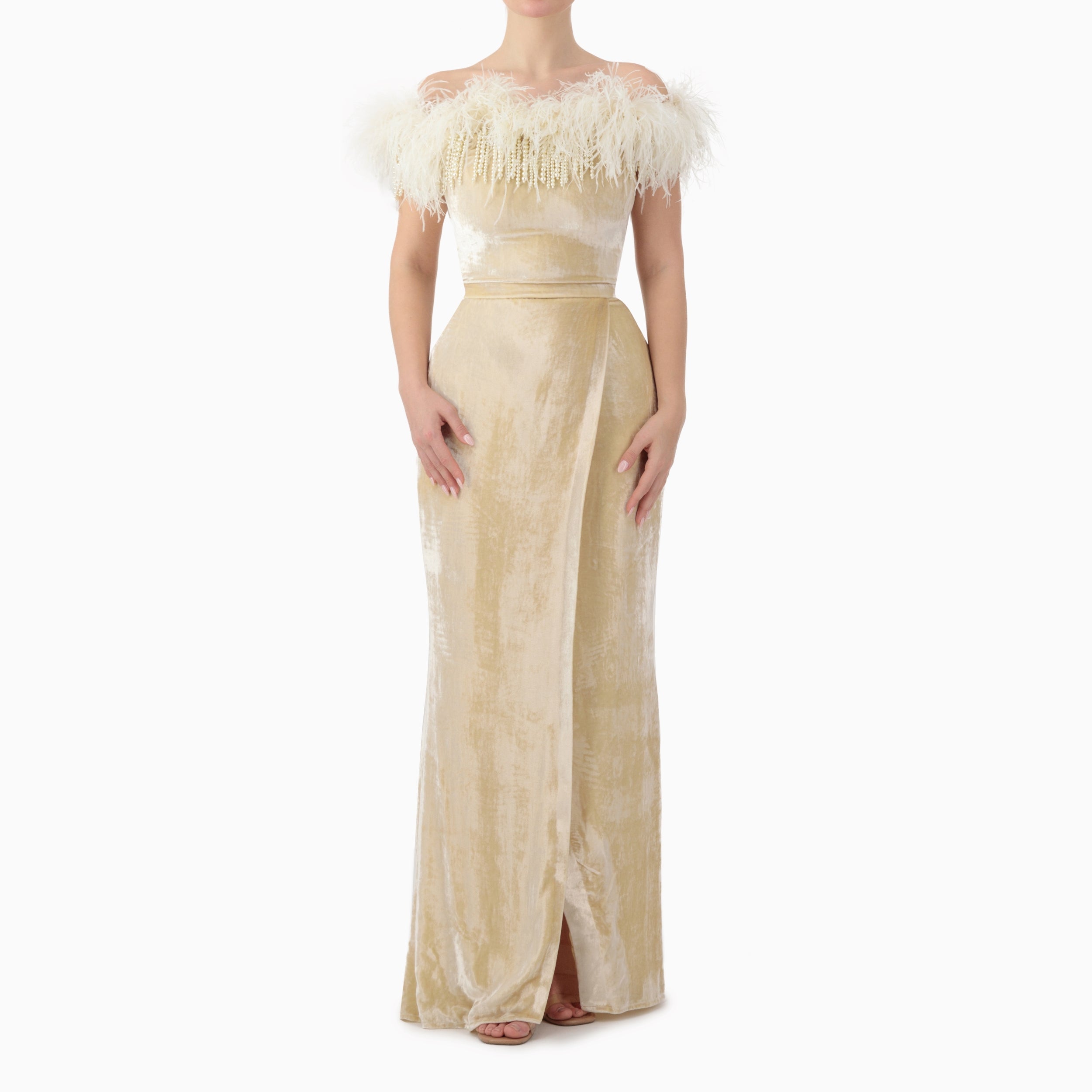 Velvet Feather trimmed off-shoulder dress