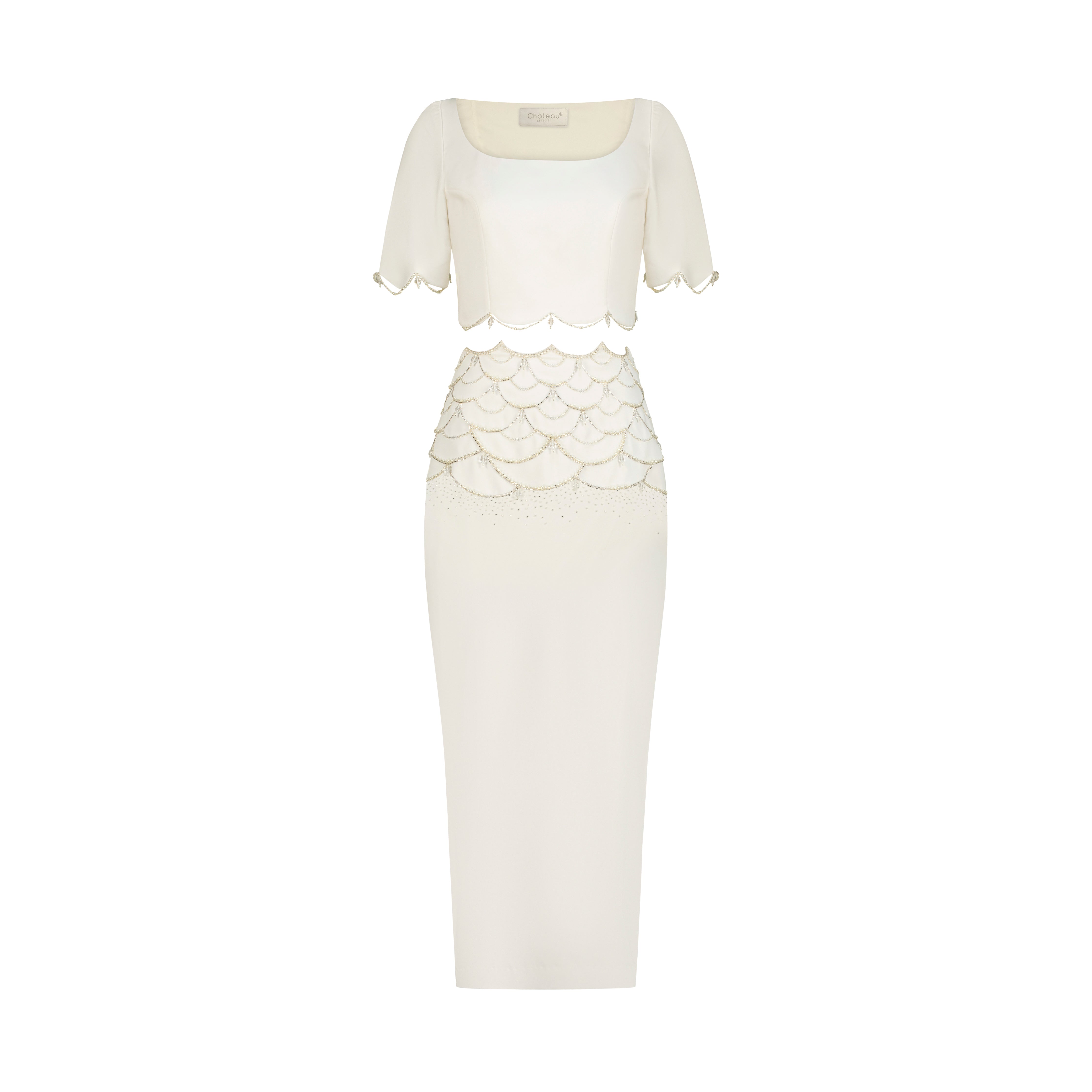 Pearl Embellished Crop Top and Skirt Set