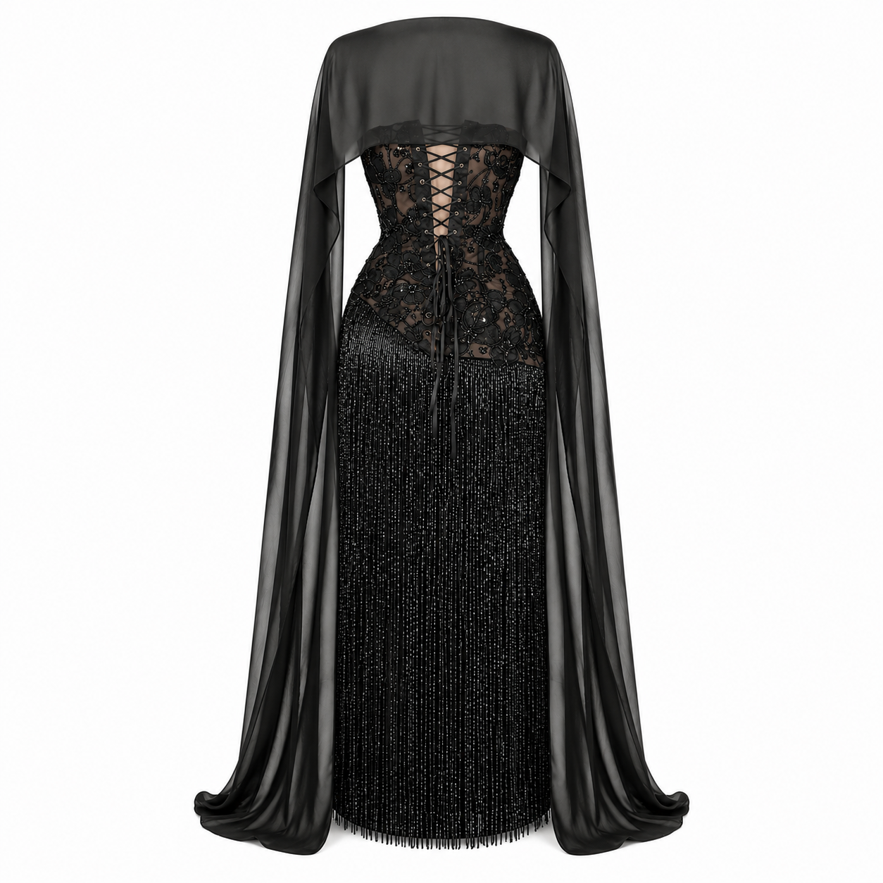 Floral Tassel Cape Couture Gown