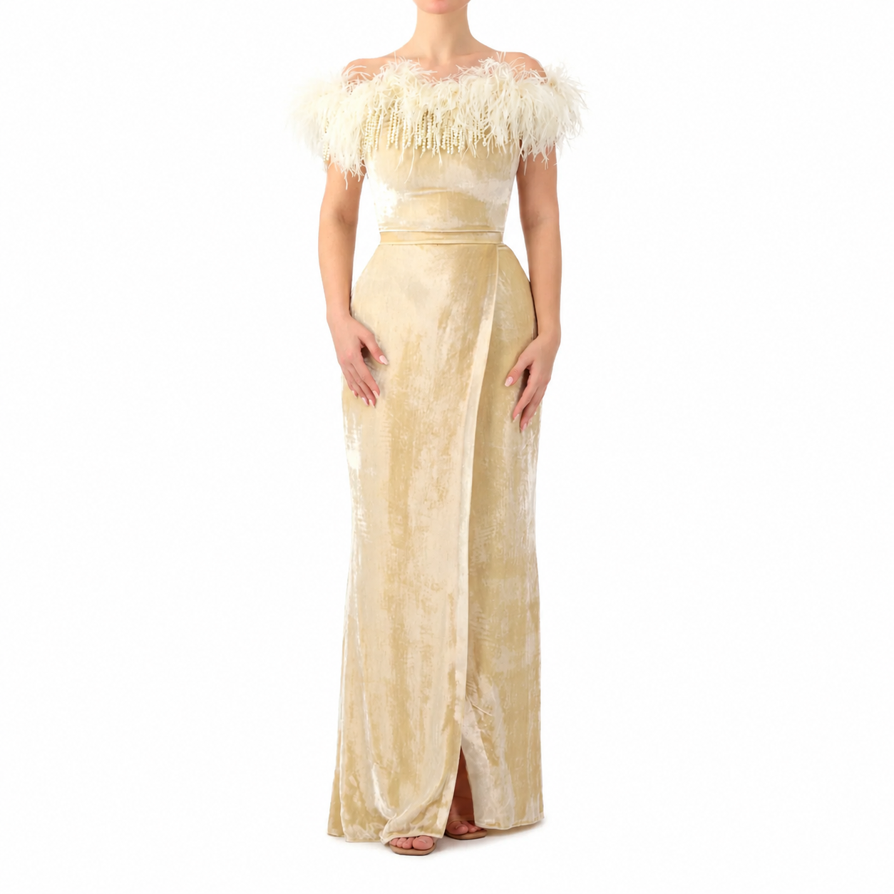 Velvet Feather trimmed off-shoulder dress