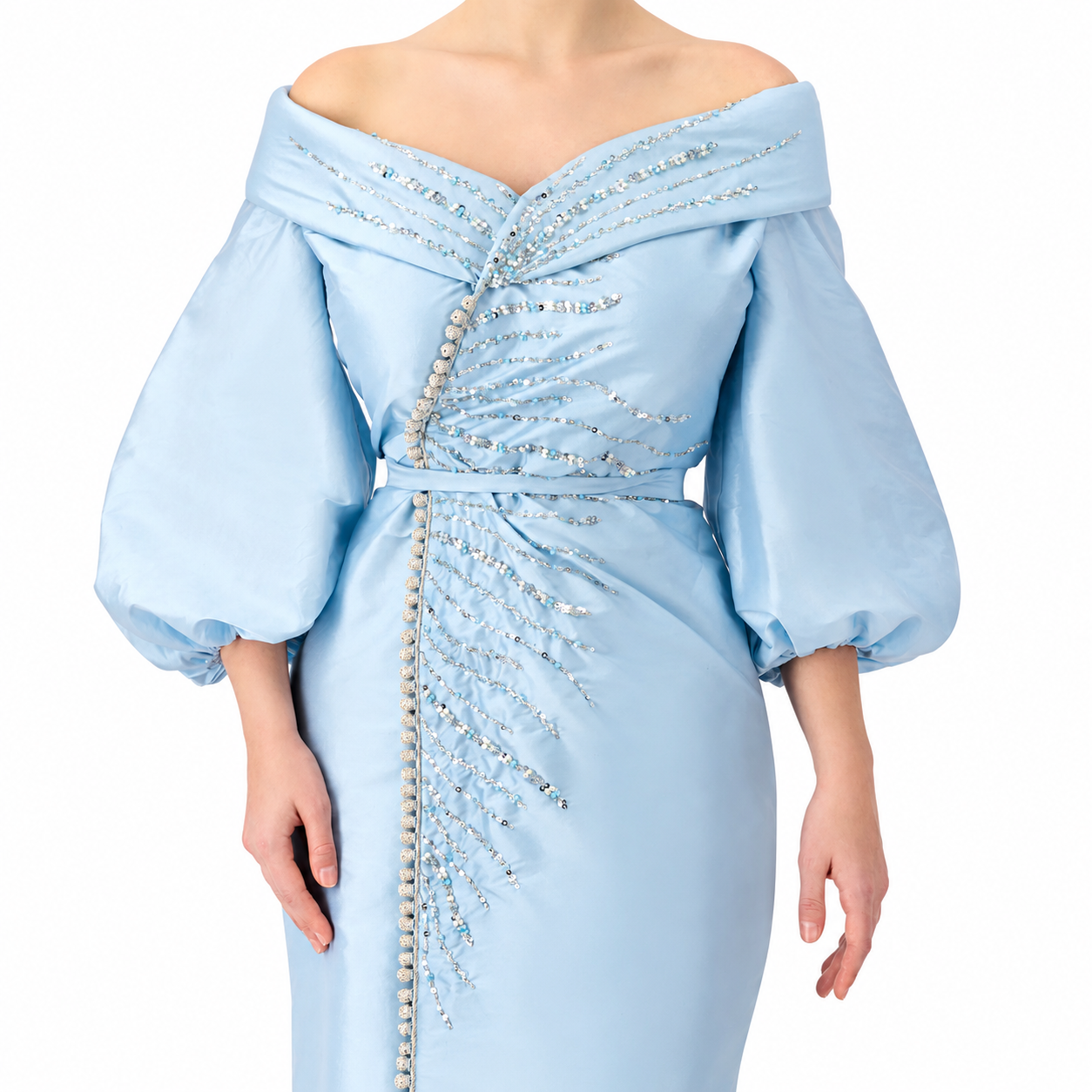 Beaded Off-shoulder Straight Wrap Dress