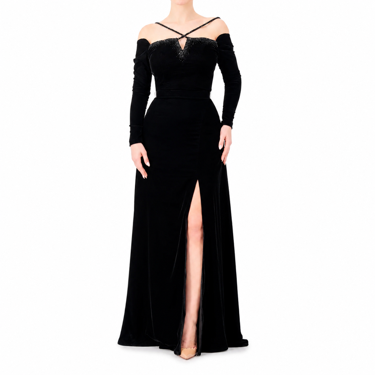 Figure-pleasing Embellished Strap Off-Shoulder Gown
