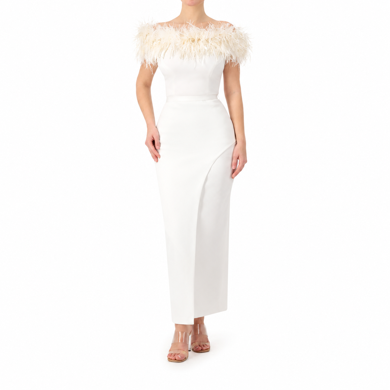 Feather Trimmed Off-Shoulder Dress