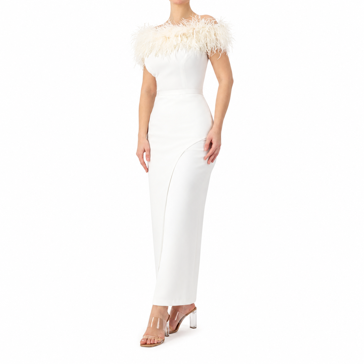 Feather Trimmed Off-Shoulder Dress