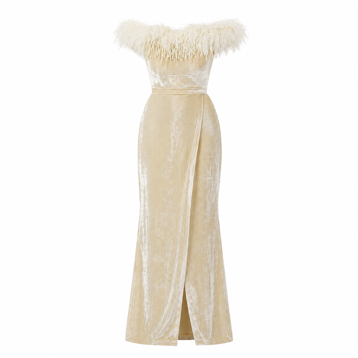Velvet Feather trimmed off-shoulder dress
